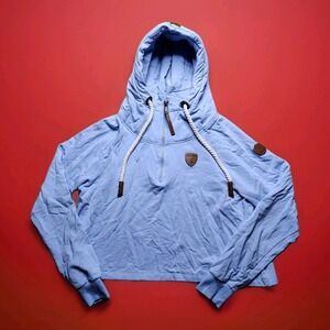 Wanakome Hoodie Womens L Light Blue Cropped Quarter Zip Rope Drawstring